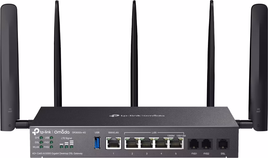 TP-Link DR3650v-4G OMADA ADSL/VDSL/4GLTE gateway (AX3000,2xFXS,1xDSL,2,4GHz/5GHz,1xGbELAN/WAN,4xGbE,1xUSB3.0,2xnanoSIM)