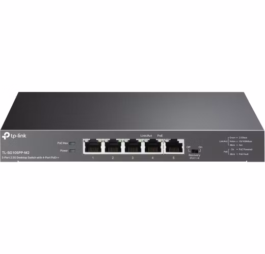5-Port 2.5G Desktop Switch with 4-Port PoE++ PORT: 4× 2.5G PoE++ Ports, 1x 2.5G Non-PoE Port SPEC: 802.3af/at/bt type3,