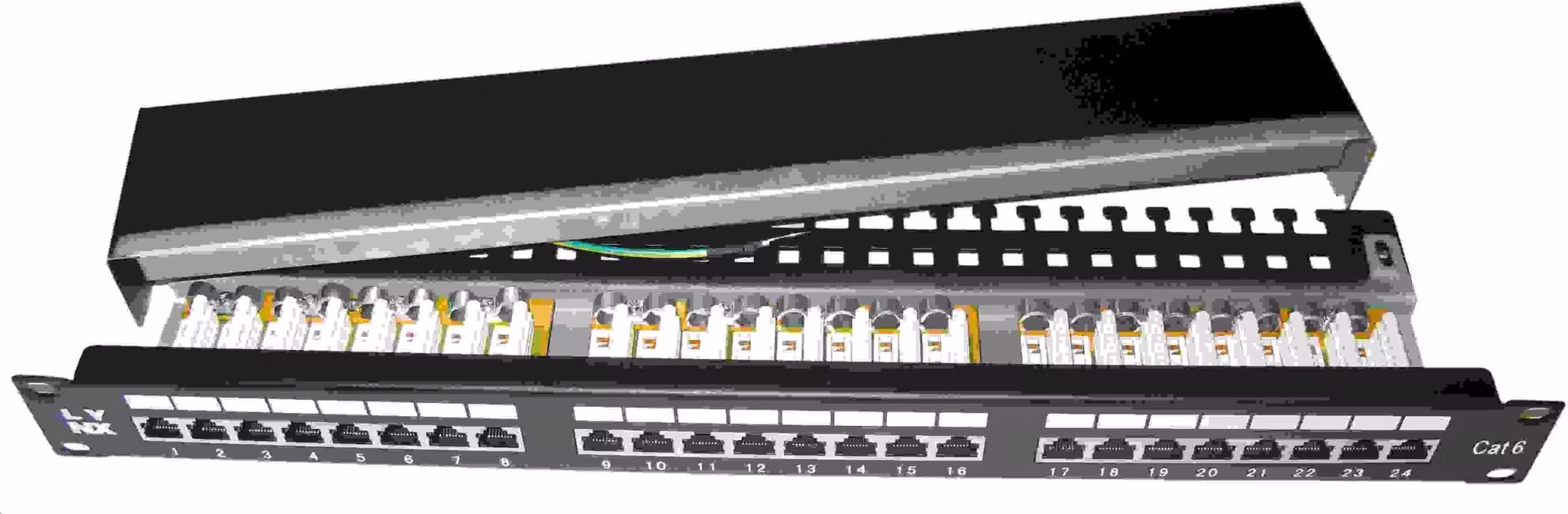 19" Patch panel LYNX 24port, STP, Cat6, 30µm, dvojitá svorkovnica, čierny