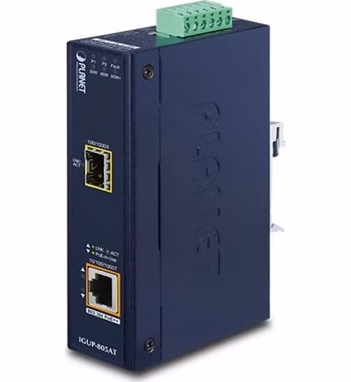 Planet IGUP-805AT PoE++ konvertor 802.3bt 95W, 1x 1000Base-T, 1x SFP 100/1000Base-X, dual power 12-56VDC, -40 až 75st.