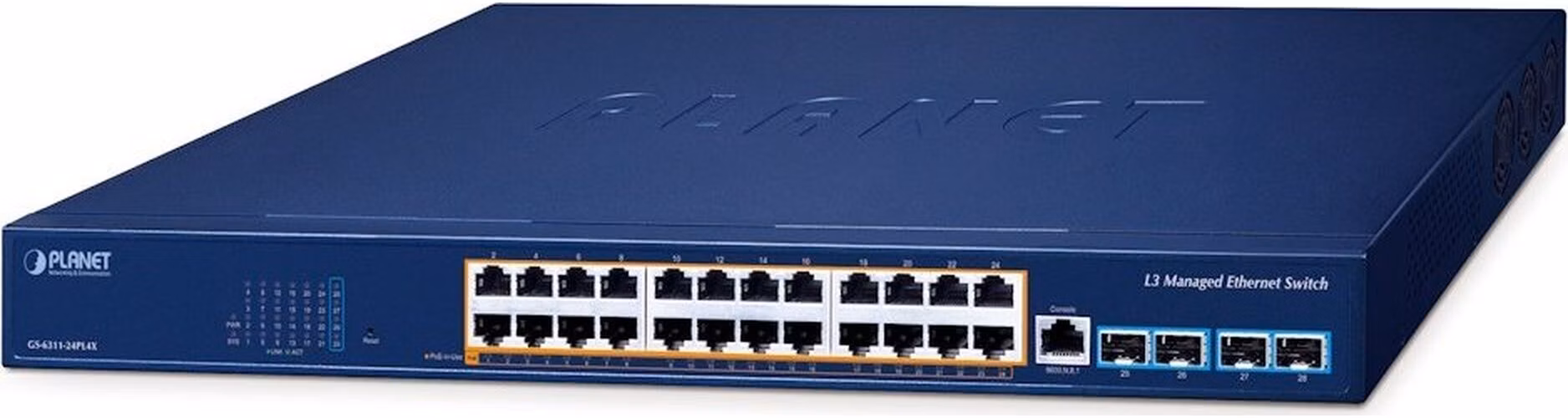 Planet GS-6311-24PL4X L3 switch, 24x1Gb, 4x10Gb SFP+, 24x PoE 802.3at 720W, 0~50°C , QoS, RING