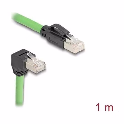 Delock Síťový kabel RJ45, Cat.6A zástrčky na zástrčky pravoúhlý dolů SF/UTP vhodné pro řetězení PUR (TPU) 1 m zelený