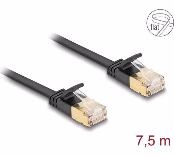 Delock Síťový kabel RJ45 Cat.6A, ze zástrčky na zástrčku,s robustní západkou a hrubým plochým kabelem Cat.7, U/FTP,7,5 m