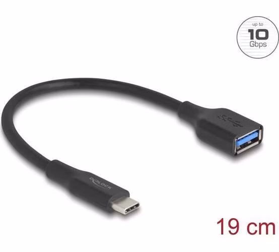 Delock Adaptér USB 10 Gbps, ze zástrčky USB Type-C™ na zásuvku Typ-A, délky 19 cm 60 W QC 3.0 černá