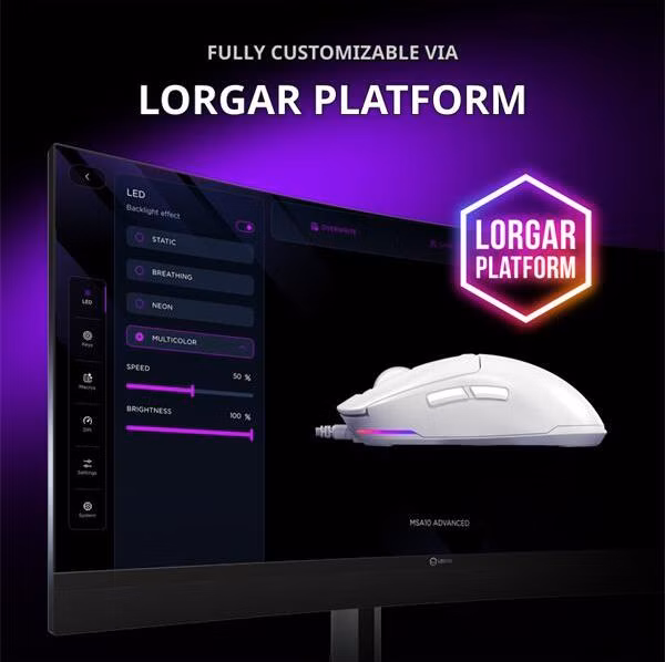 Lorgar MSA10WRWH, herná myš, ultraľahká 55g, 6 prog. tlačidiel, 12 000 dpi, podsvietenie RGB, biela