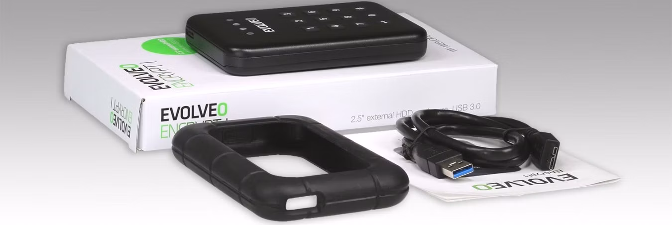 EVOLVEO 2.5" Encrypt 1, externí rámeček na HDD, USB 3.0, celohliníkový, antivibrační silikonový kryt