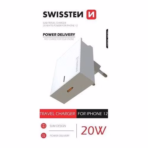 SWISSTEN SÍŤOVÝ ADAPTÉR PD 20W FOR IPHONE 12 BÍLÝ