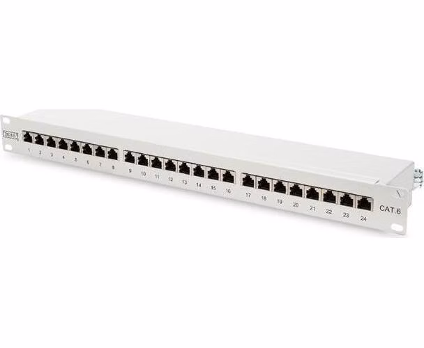 Digitus CAT 6 patch panel, stíněný, 24 portů RJ45, 8P8C, LSA, 1U, montáž do stojanu, šedá, 482x44x109 mm