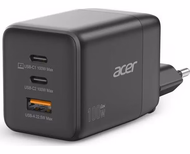 Acer 100W GaN charger - Black; 3 nabíjecí porty: 2x USB-C + 1x USB-A; rychlé nabíjení (PD3.0, PPS, Quick Charge) EU+UK;obal,černý