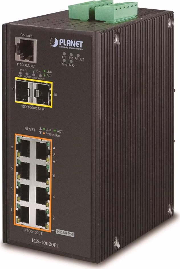 Planet IGS-10020PT průmyslový L3 switch, 8x1Gb, 2x2.5Gb SFP, 8x PoE 802.3at 240W, 48-54VDC, -40~75°C, IP30