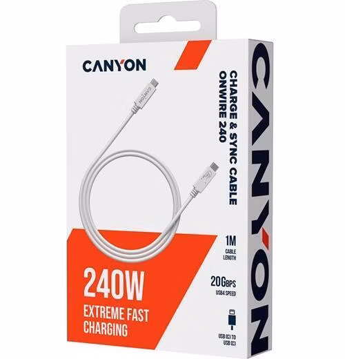 Canyon OnWire 240, 1 m, nabíjací a dátový kábel USB-C / USB-C, USB4, 240 W PD, 20 Gb/s, TPE, biely