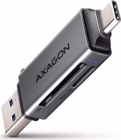 AXAGON čtečka paměťových karet microSD/SD / CRE-DAC / USB 3.2 gen1 / USB-A + USB-C / kovové tělo