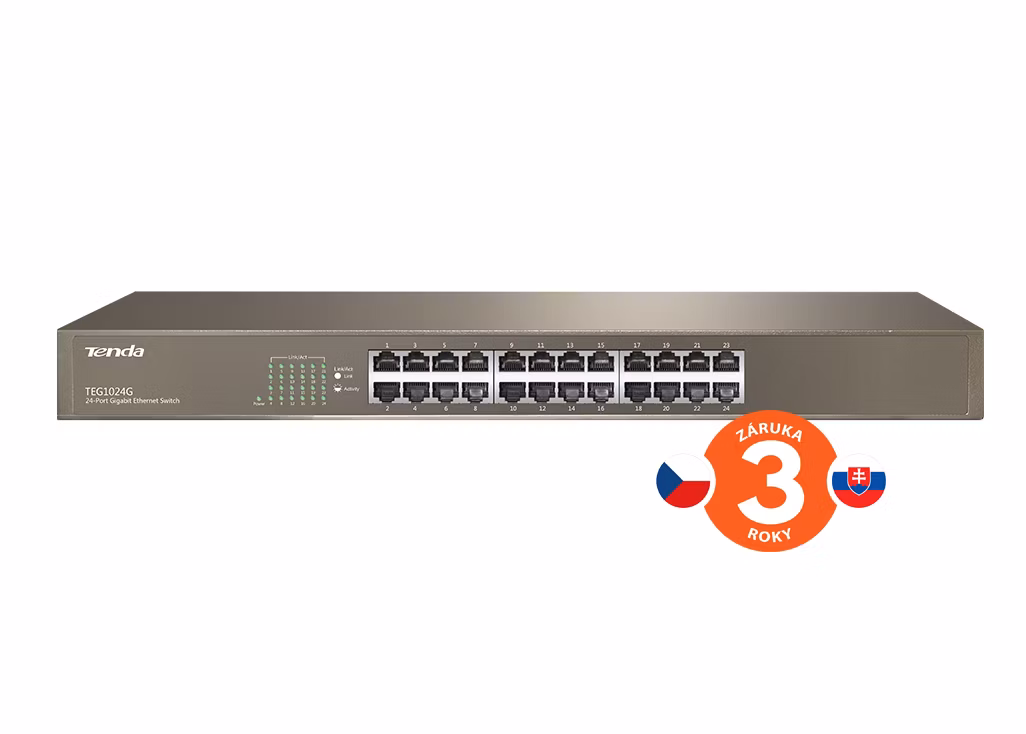 Tenda TEG1024G 24x Gigabit Switch, Fanless-bez ventilátorů, Rackmount 19", ochrana proti přepětí