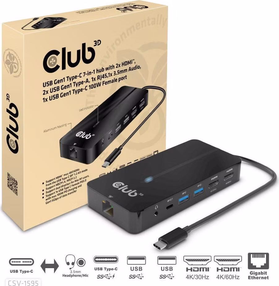 Club3D hub USB-C, 7-in-1 hub s 2x HDMI, 2x USB Gen1 Type-A, 1x RJ45, 1x 3.5mm audio, 1x USB Gen1 Type-C, 100W PD