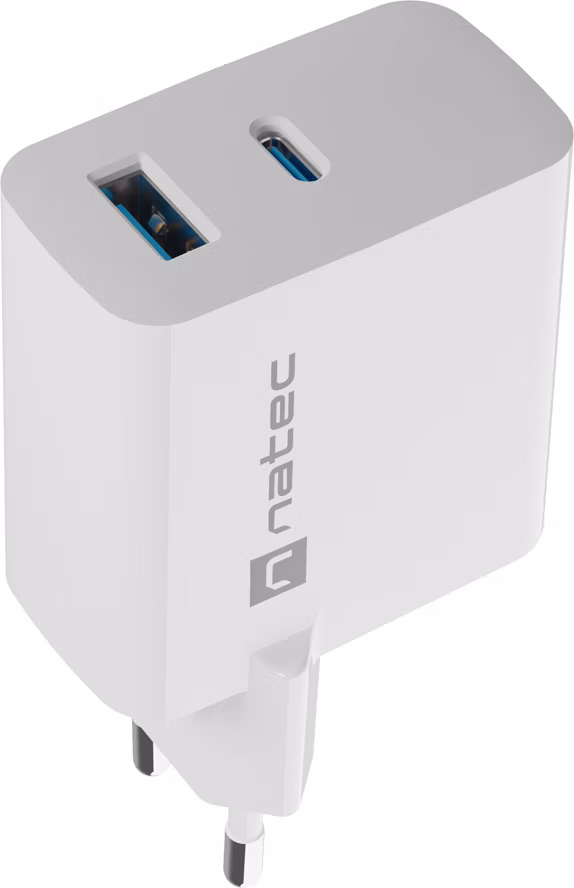 Univerzálna USB nabíjačka Natec RIBERA GaN 45W, 1X USB-A, 1X USB-C, biela