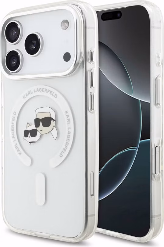 Karl Lagerfeld IML K&amp;CH Heads Metal Frame MagSafe kryt iPhone 18 Pro biely