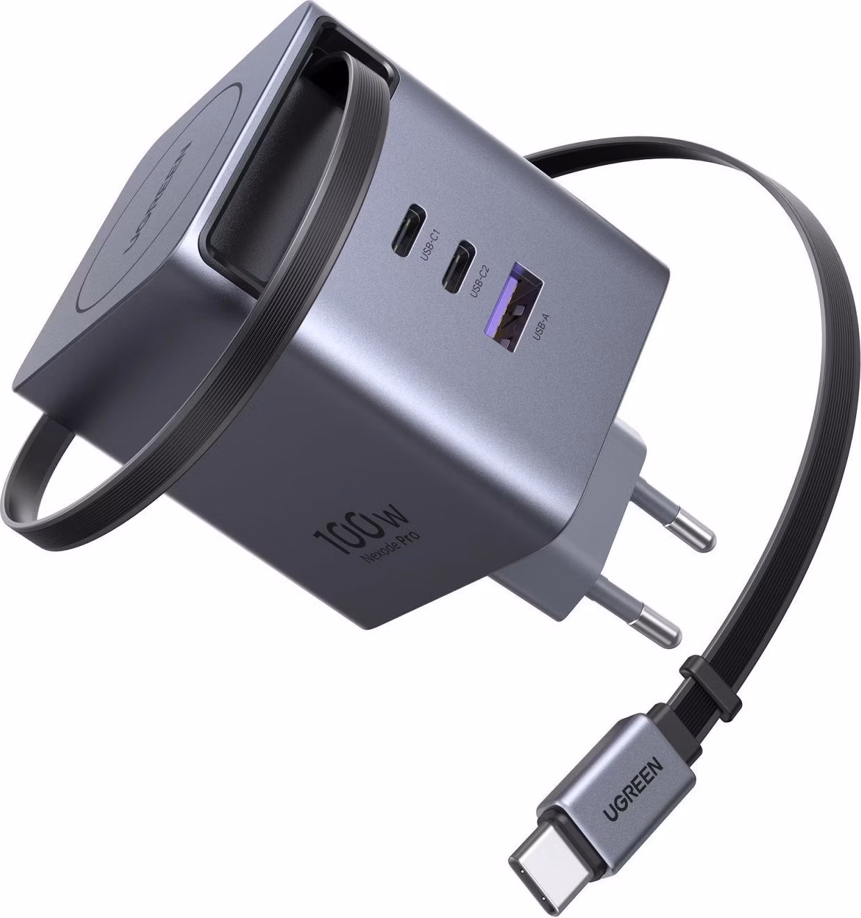 UGREEN síťová rychlonabíječka se zatahovacím kabelem 100W 3-Port, 2x USB-C, 1x USB-A, GaN, stříbrná