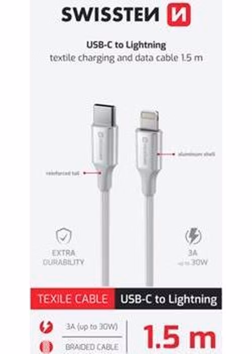 SWISSTEN DATOVÝ KABEL TEXTILE II USB-C / LIGHTNING 1,5 M BÍLÝ