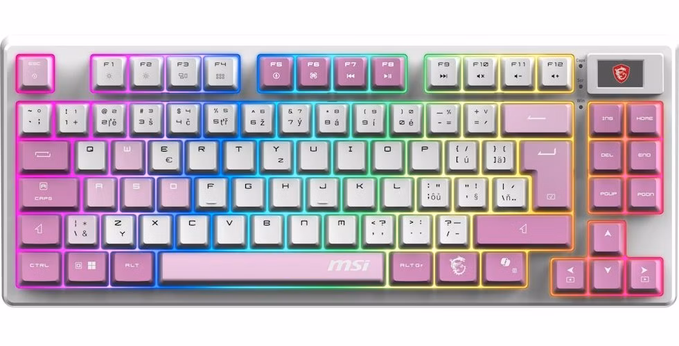 MSI herní klávesnice FORGE GK600 TKL Violet/ bezdrátová 2,4GHz+BT/ mechanická/ RGB/ USB-C/ display/ CZ+SK layout