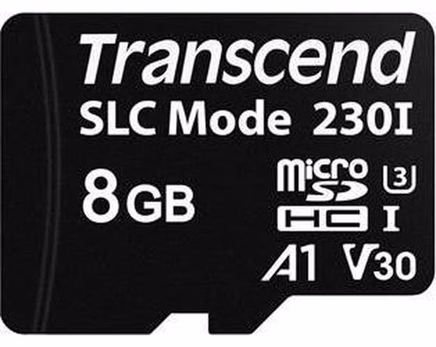 Transcend 8GB microSDHC230I UHS-I U3 V30 A1 (Class 10) 3D TLC (SLC mode) průmyslová paměťová karta, 100MB/s R, 70MB/s W