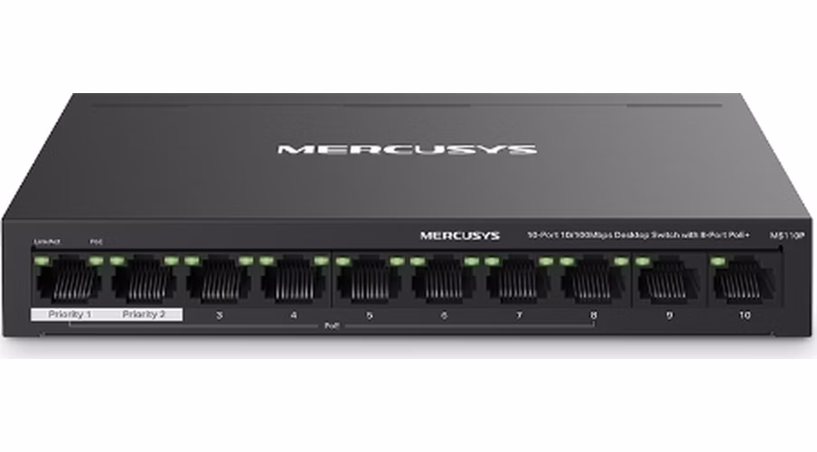 TP-Link Mercusys MS110P Switch 10-Port, 8x 10/100 Mbps PoE+, 2x LAN, 802.3af/at, 65 W