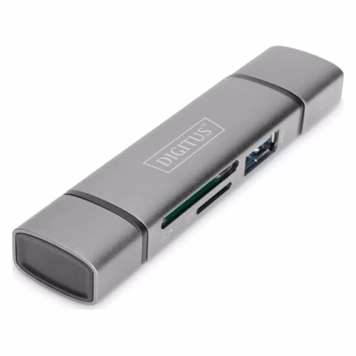 Digitus dvojitá čtečka karet OTG (USB-C + USB 3.0) 1x SD, 1x MicroSD, 1x USB 3.0, šedá