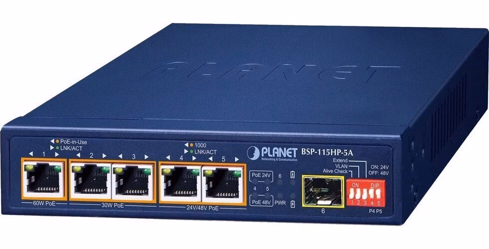 Planet BSP-115HP-5A Hybridní PoE solární switch, 5x 1Gb, 1x SFP, 1x PoE++ 802.3bt, 2x 802.3at, 2x at/pasivní, -20~65°C