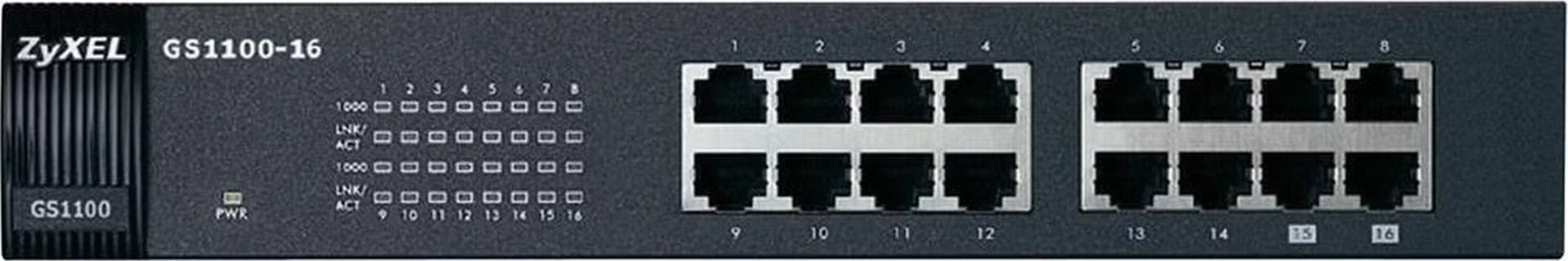ZyXEL GS1100-16, 16-port 10/100/1000Mbps Gigabit Ethernet switch, Fanless, 802.3az (Green), desktop + rack mount kit