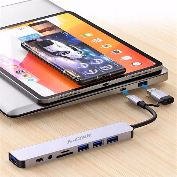 1stCOOL hliníkový USB HUB 8 in 2, USB-C/USB-A - USB3.0, USB-C, čítačka kariet, audio
