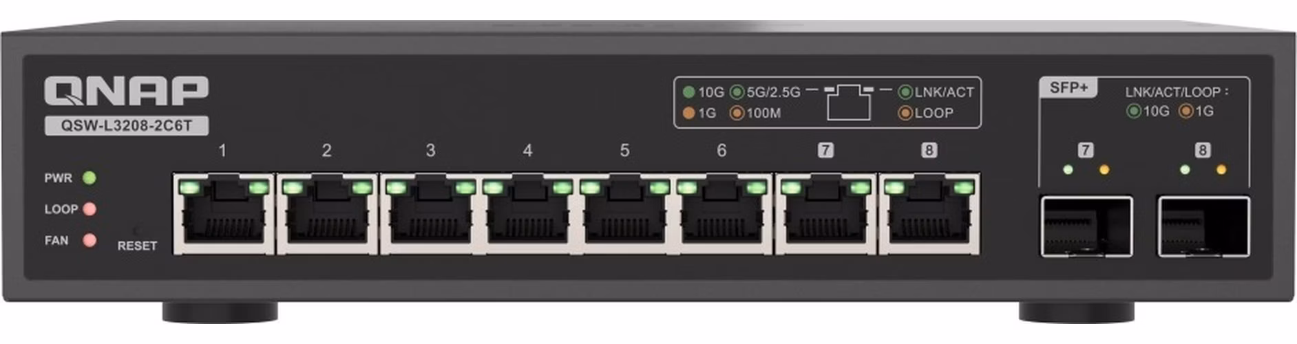 QNAP switch QSW-L3208-2C6T (6x 10GbE port, 2x 10G SFP+/NBASE-T Combo, Lite Managed)