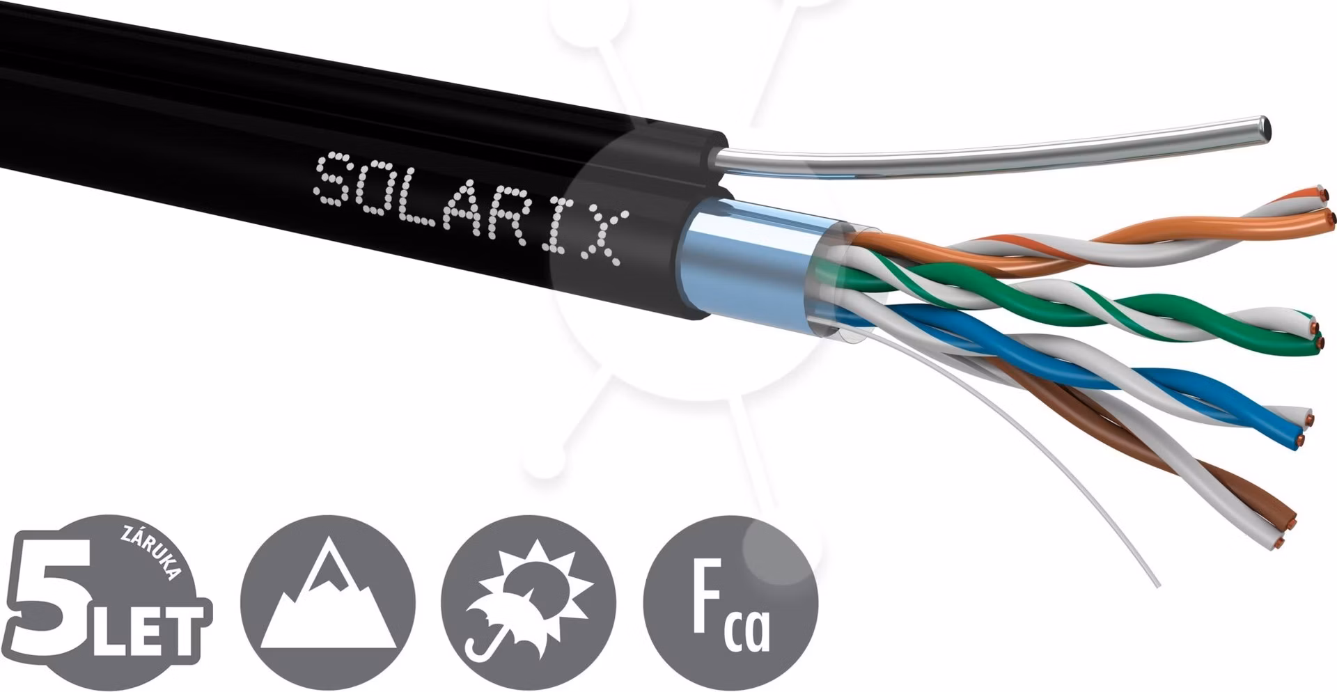 SOLARIX kabel Outdoor, FTP, Cat5E, drôt, PVC, Eca, box 305m, s ocelovým lankom - šedá
