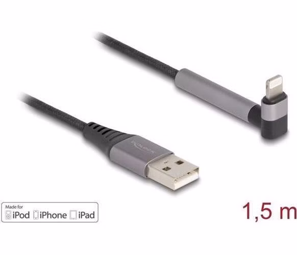 Delock Datový a nabíjecí kabel z rozhraní USB Typ-A na Lightning™ pro iPhone™, iPad™, iPod™, pravoúhlý, s funkcí stojanu