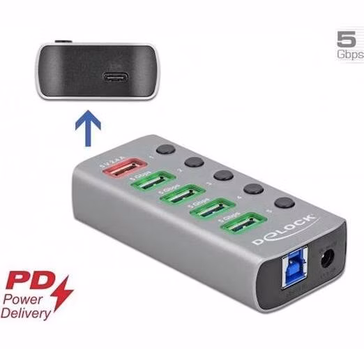 Delock Rozbočovač USB 3.2 Gen 1 se 4 porty + 1 rychlonabíjecím portem + 1 portem USB-C™ PD 3.0 s přepínačem a osvětlením