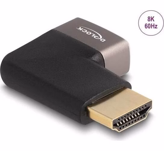 Delock Adaptér HDMI, ze zástrčky na zásuvku, 90° zahnutá doprava 8K 60 Hz, šedá kovová