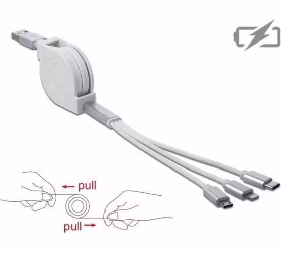 Delock Zatažitelný kabel USB 3 in 1 pro konektory osmipinový / Micro USB / USB Type-C™, bílý