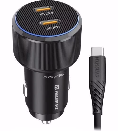 SWISSTEN CL ADAPTÉR 2x USB-C PD, 50W ČERNÝ + KABEL USB-C / USB-C, 1 M