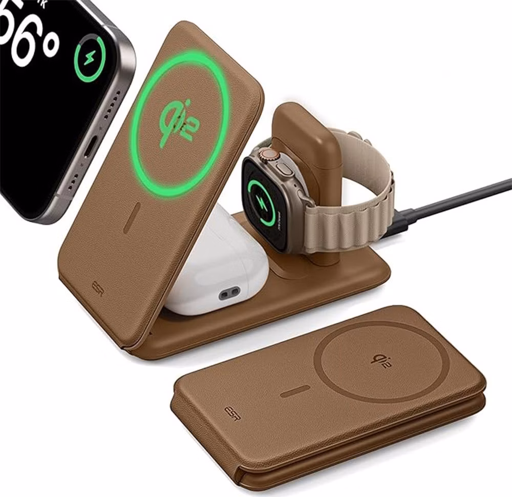 ESR Qi2 3-in-1 Travel Wireless Charging Set - Brown