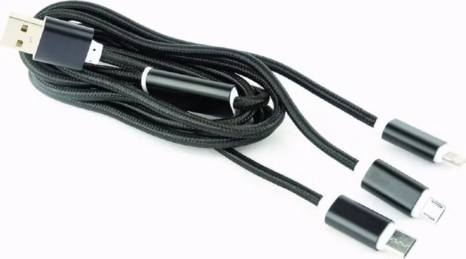 Gembird kábel nabíjací 3v1 splitter, Lightning (M) /microUSB (M) / USB-C (M) na USB 2.0 (M), 1 m, čierny