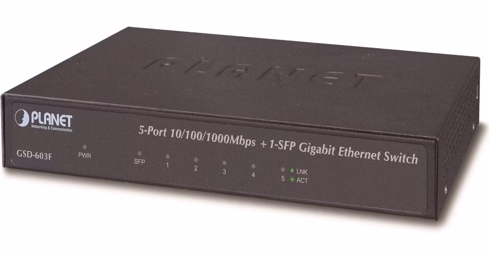 Planet GSD-603F Gigabit switch 5x 1000Base-T(RJ-45) + 1x SFP, kov, EuP