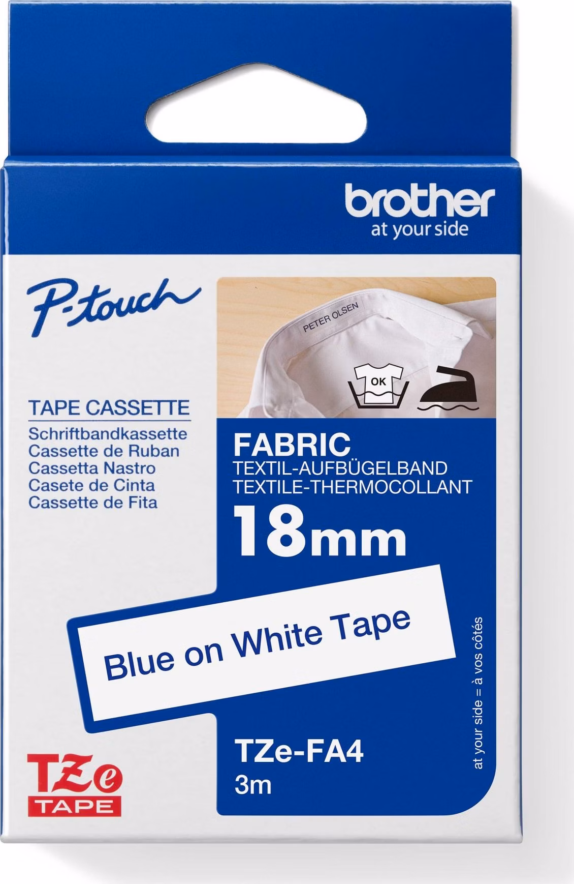 Brother - TZe-FA4, bílá / modrá (18mm, zažehlovací páska, 3m)