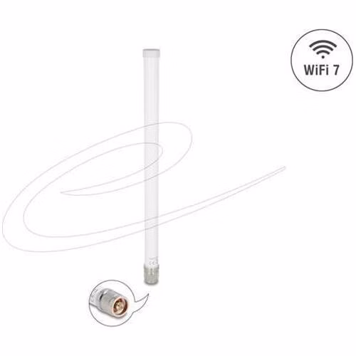 Delock WiFi 7 anténa N samec 4,5 - 6,6 dBi 32 cm všesměrová pevná venkovní bílá