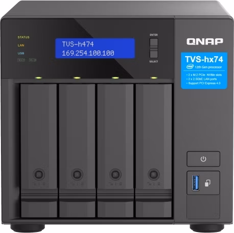 QNAP TVS-h474-PT-8G (2core 3,7GHz, ZFS, 8GB RAM, 4x SATA, 2x M.2 NVMe, 2x PCIe, 2x 2,5GbE, 1x HDMI)