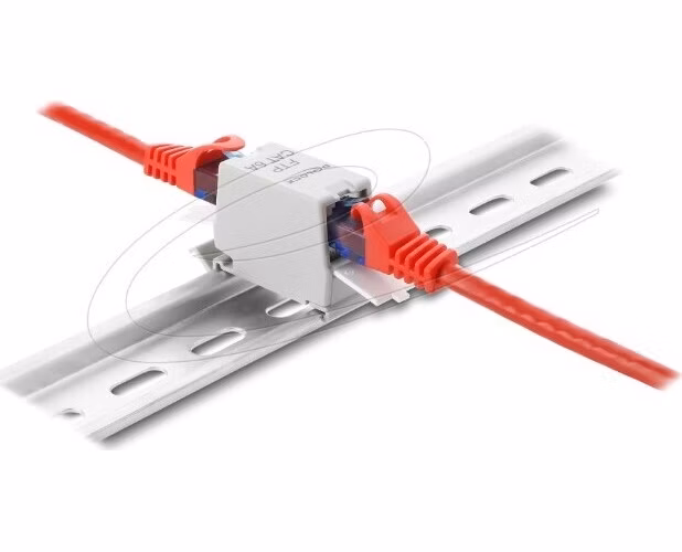 Delock Spojka RJ45 Cat.6A ze zásuvky na zásuvku s krytkou proti prachu k montáži na lištu dle DIN, stíněná, šedá / bílá