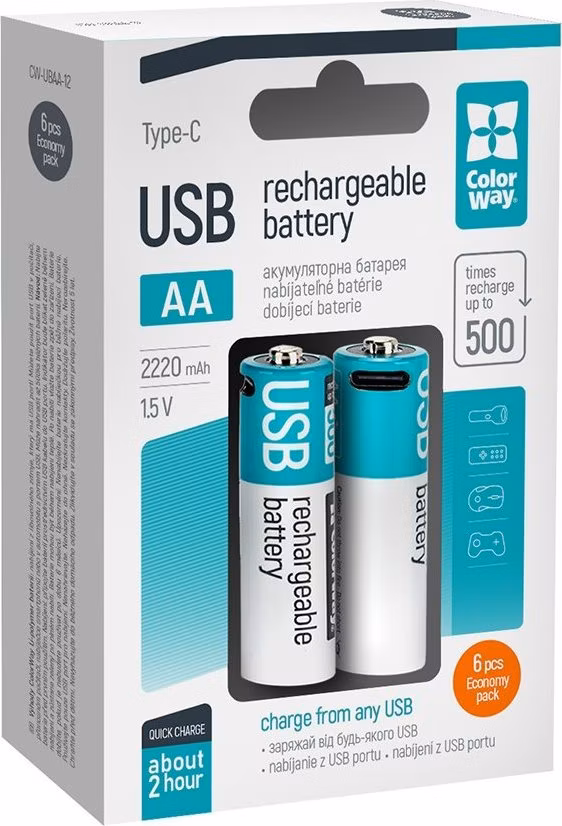 Colorway nabíjecí baterie AA 2200mAh/ USB-C/ 1.5V/ 6ks v balení