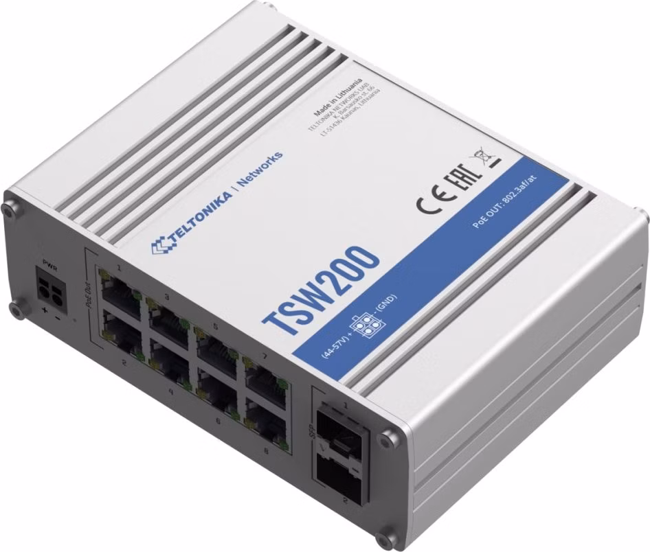Teltonika PoE+ Unmanaged Switch 8, 10/100/1000, 2x SFP ports - TSW200