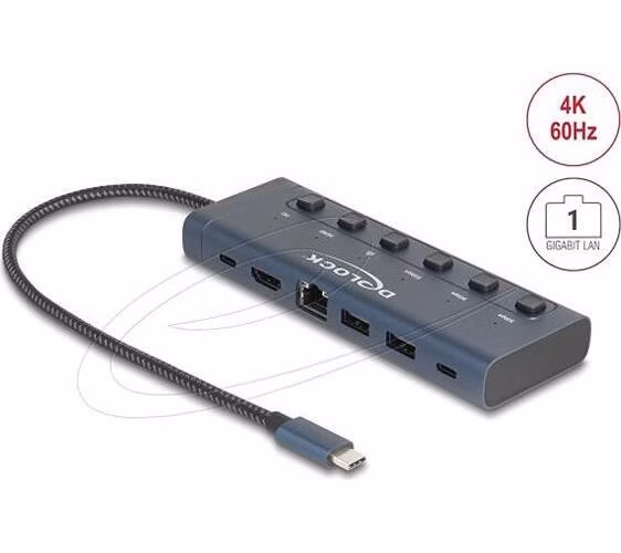 Delock USB Type-C Dokovací stanice 4K - HDMI / USB / Gigabit LAN / PD 3.0 90 W s přepínači