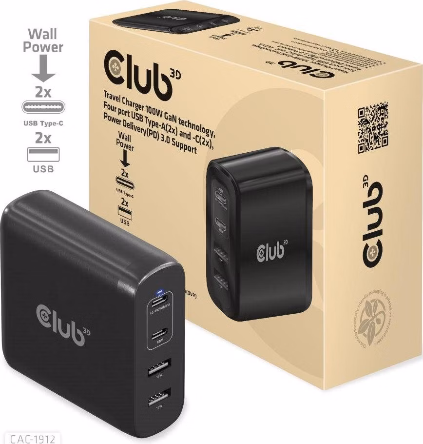 Club3D cestovní nabíječka 100W GAN technologie, 2xUSB-A a 2xUSB-C, PD 3.0 Support