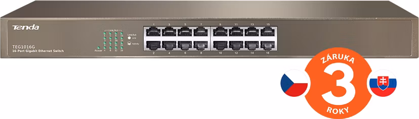Tenda TEG1016G 16-port Gigabit Switch, 16x 10/100/1000 Mb/s, Fanless, MAC 8K, aj na stenu, Rackmount