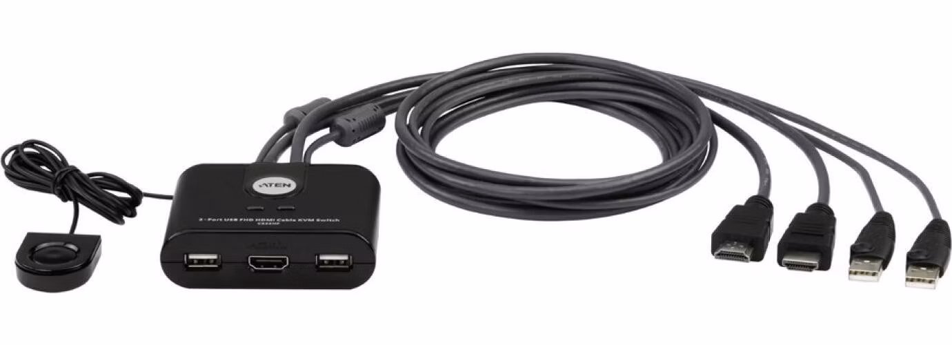 ATEN 2-port HDMI KVM USB mini, integrované kabely, tlačítko pro přepínání
