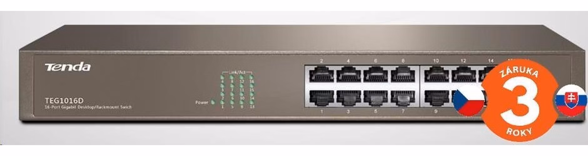 Tenda TEG1016D 16-portový gigabitový ethernetový prepínač, 10/100/1000 Mb/s, bez ventilátora, montáž do racku